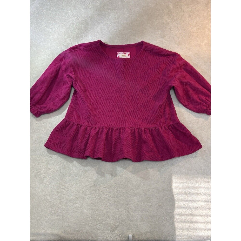 Anthropologie Maeve Mikayla Peplum Top Textured 3/4 Ballpon Sleeves Pink L $98